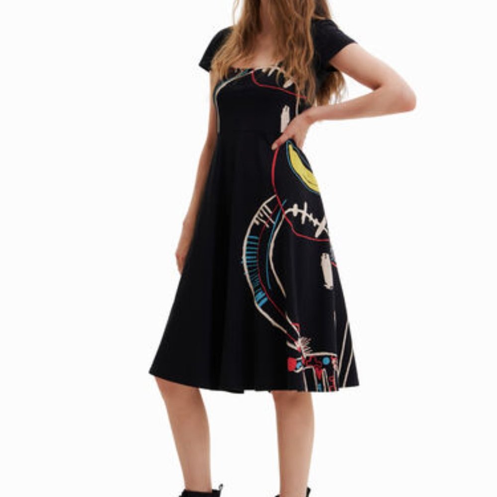 Desigual Short Sleeve Midi A-Line Dress S, Black with Colorful Abstract …